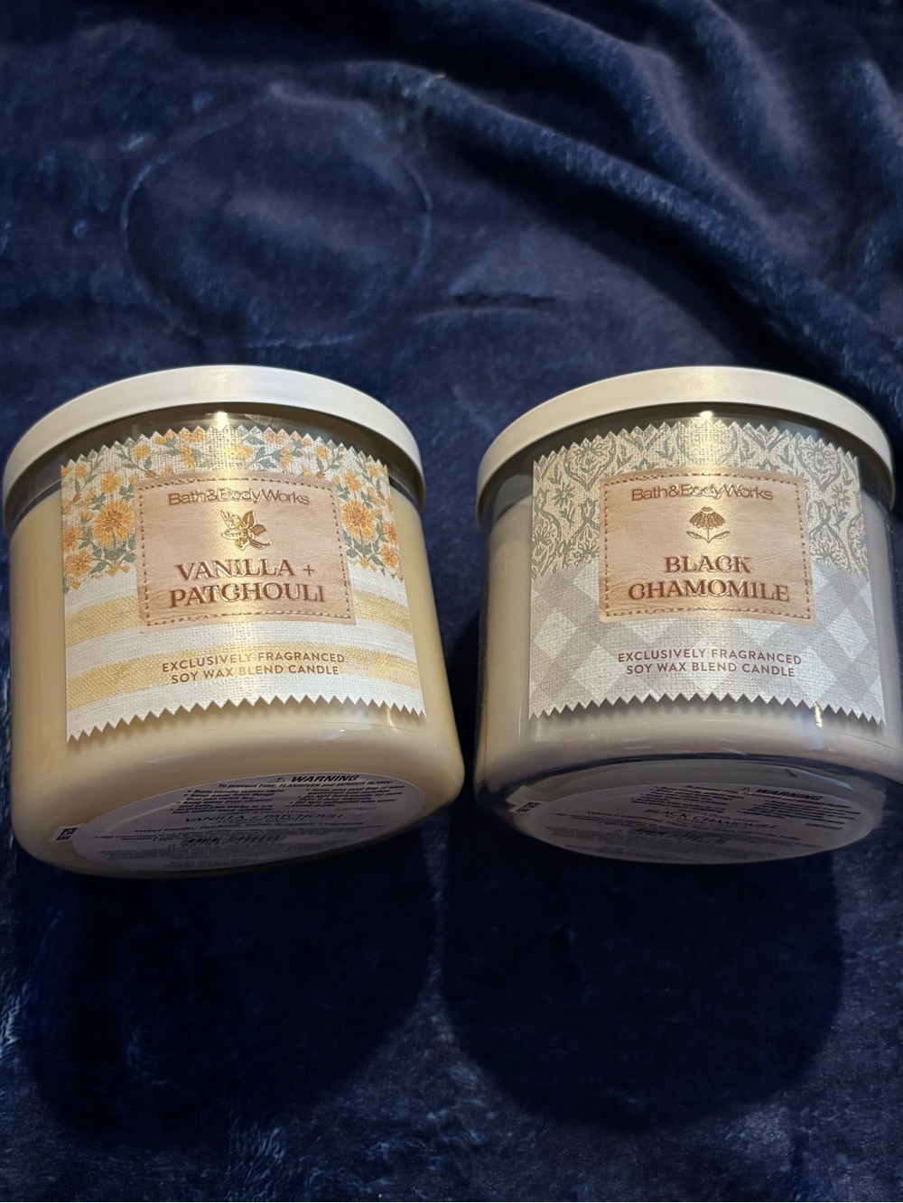 Bath & Body Works Vanilla + Patchouli and Black Chamomile Candles - Cream & Gray